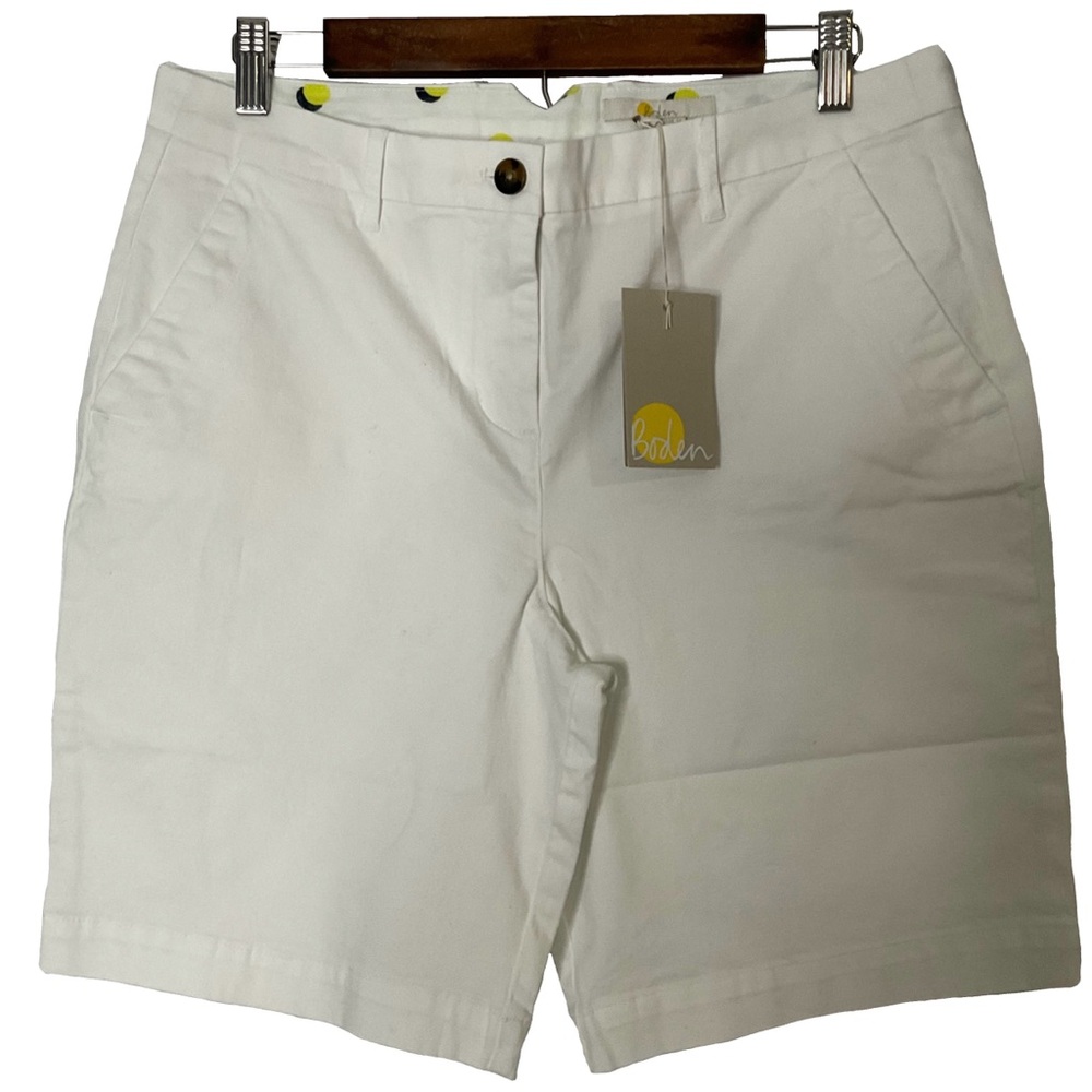 Boden White Cotton Chino Bermuda Shorts Subtle Lemon Lining; Front Pockets Sz 10